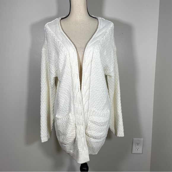 Grecerelle Ivory White Cable Knit Open Front Long Sleeve Cardigan Sweater XL - Picture 1 of 11